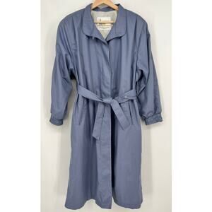 Vintage 80s London Fog Trench Coat Women 10 Petite Dusty Blue Belted Puff Sleeve